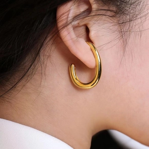 Stainless Steel Geometric C-Shape Hoop Earrings Minimalist Chunky Large Polished Statement Jewelry For Women