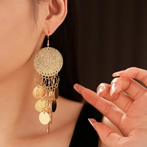 Detail of long gold tassel earrings with circular sequins worn by a model in a close-up