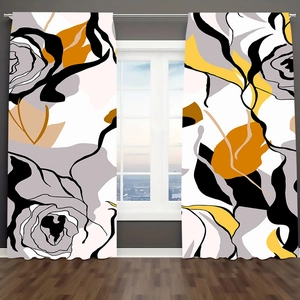 Abstract floral pattern curtains in black yellow and grey hanging in a modern room decor