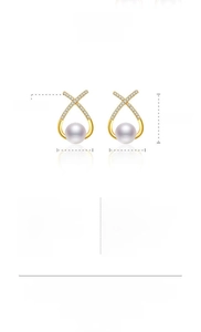 Detail specifications for pearl earrings with zirconia stones in gold and rose gold