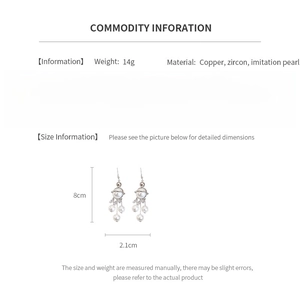 Detail specifications of long tassel pearl earrings with 8cm length and 14g weight