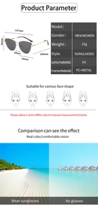 Detailed size specifications for metal cat eye sunglasses with frame and lens measurements