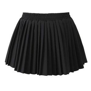 Detail of high waisted black pleated mini skirt showing uniform fabric textures and elastic band