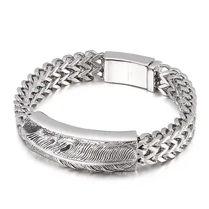 Men 316L Stainless Steel Bracelet Double Row Wheat Chain Woven Feather Cross Vintage Punk Hip Hop Jewelry