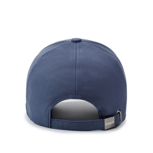Dark blue canvas baseball cap back view with adjustable metal buckle on white background