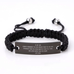 Detail of woven bracelet with black metal plaque 12x45mm and weight of 14g specs