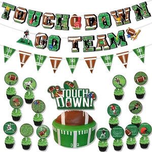 Complete American football party set with touchdown banners, balloons and cake toppers