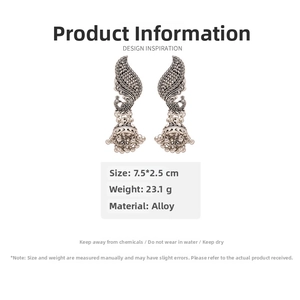 Boucles d'oreilles ethniques paon avec cloches et glands en finition argent ancien