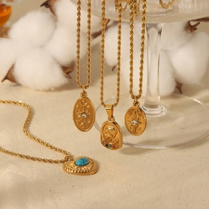 Vintage Medallion Pendant Necklace 18K Gold Plated Stainless Steel Rope Chain Sun Moon Star Heart Portrait French Style