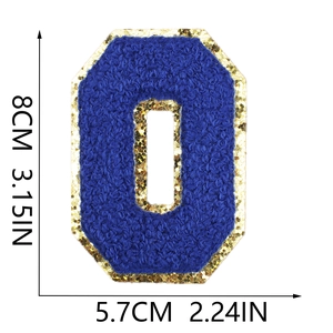 Blue chenille letter O patch with gold sequins showing size 8cm by 5.7cm dimensions