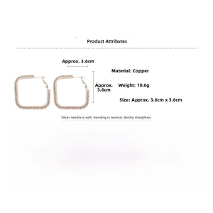 Detailed view of textured square hoop earrings in copper with silver pins, 3.6cm size
