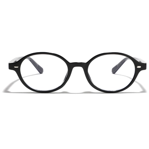 Classic black oval frame glasses with a vintage aesthetic and minimalist metal accents