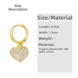 Detailed size chart for 18K gold-plated heart earrings featuring sparkling cubic zirconia