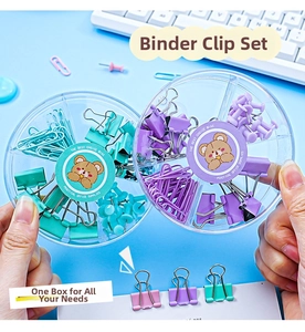 Close-up of pastel macaron binder clips and paper clips set in a six-grid plastic box