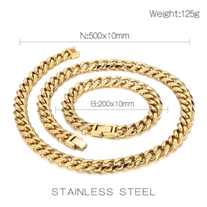 Ensemble collier et bracelet à mailles cubaines en acier inoxydable doré avec fermoir