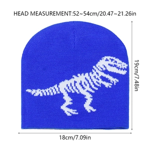 Blue knit beanie with dinosaur skeleton pattern, head size 52-54cm measurement guide
