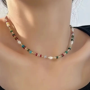 Handmade necklace with multi-color stone beads and natural freshwater pearls for women