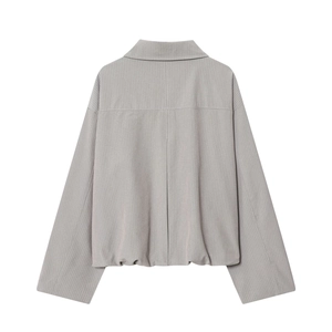 Back view of a grey pinstripe bomber jacket with long sleeves and elasticized hem