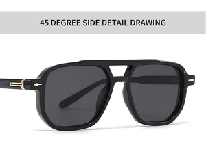 45-degree side view of vintage aviator sunglasses with black frames and metal arrow accents