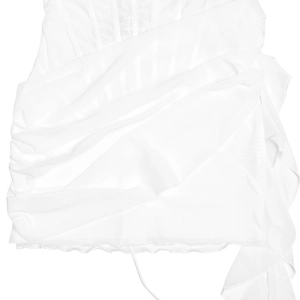 Detailed view of the white ruffled hem with sheer fabric and elegant draped textures