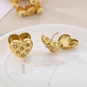 18K gold plated stainless steel heart earrings with star-set diamond engraving