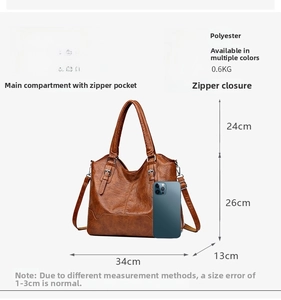 Detailed size specifications and structure chart for large capacity vintage tote bag