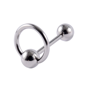 Polished stainless steel tongue ring with unique middle finger design and metallic spheres