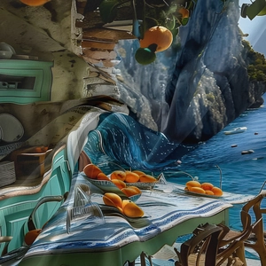 Detail of Mediterranean citrus print fabric with lightweight drape and silky texture