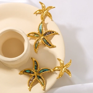 Exaggerated golden starfish earrings set with iridescent abalone shell inlay for women