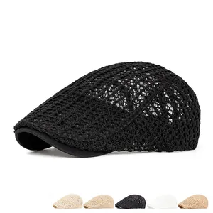 Summer breathable mesh newsboy cap in black with lightweight woven texture and curved brim