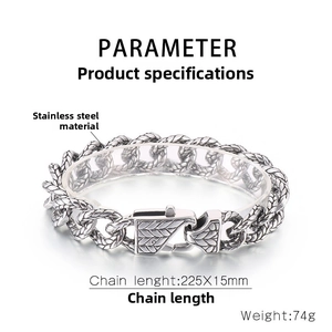 Detail of vintage stainless steel chain link bracelet with leaf texture clasp for men