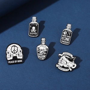 Detailed set of 5 gothic skull enamel pins with dark humor quotes on blue background