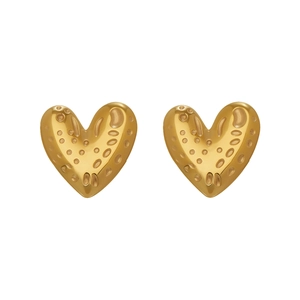 Golden heart-shaped stud earrings with unique hammered texture and minimalist design style