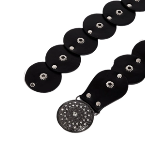 Ethnic western style faux leather belt with metal rivets and rhinestone round buckle