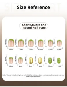 Detailed size chart for short square press-on nails in French green and gold mirror finish