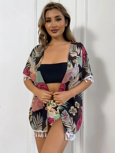 Ensemble bikini 3 pièces avec imprimé végétal tropical et paréo de plage à franges