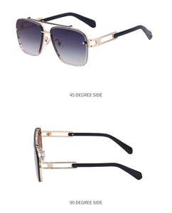 Detail view of square rimless sunglasses with gradient lenses and gold metal frame sides
