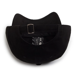 Black cotton baseball cap back view showing metal buckle and white gothic embroidery