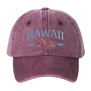 Berretto da baseball in cotone lavato viola con ricamo Hawaii e design di ibisco