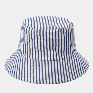 Detailed view of striped bucket hat featuring delicate sparkling rhinestone embellishments