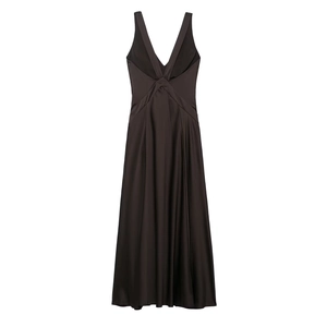 Detailed view of the dark brown V-neck sleeveless satin dress with pleated waist design