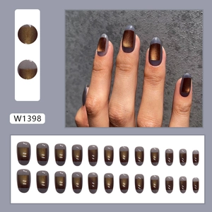 Brown aurora square cat eye press-on nails set with oval shape for elegant styling