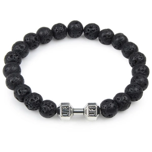 Black lava rock beaded dumbbell bracelet with silver live lift charms for men and women