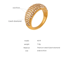 Detailed specs of titanium steel ring with Czech diamonds, gold finish, 0.97cm width