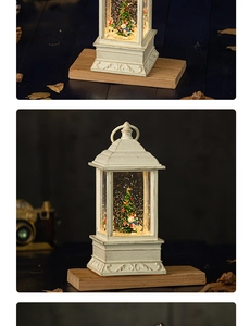 Detailed view of vintage Christmas lantern with snowman scene and rustic base details
