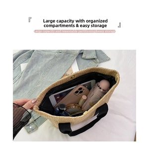 Top view of spacious straw tote bag showing storage for tablet, phone, and cosmetics