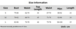 Detailed size guide table for women's sexy tube top and bodycon skirt two-piece set