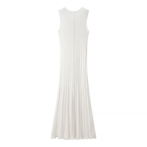 Minimalist white sleeveless V-neck pleated maxi dress in premium ribbed textured fabric