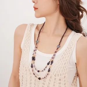 Bohemian multilayer beaded long necklace featuring purple amethyst and glass crystal beads