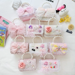 Girls Mini Princess Handbag PU Tweed Sequin Artificial Pearl Handle Shoulder Bag Lace Bow Mesh Sweet Elegant Party Accessories